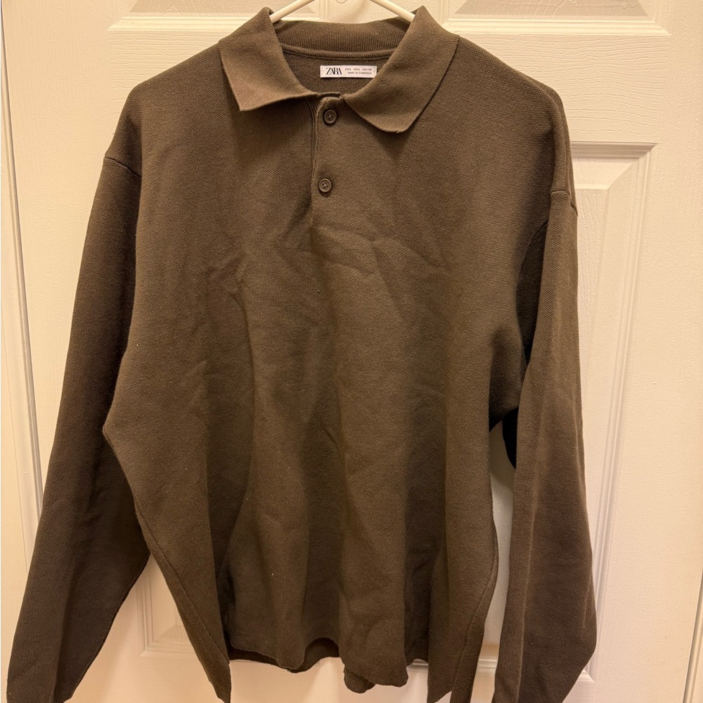 Zara Olive Green Long Sleeve Polo Shirt